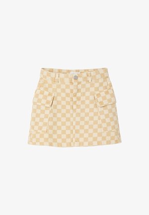 Beige and cream checkered mini skirt with front button, belt loops, and two large side flap pockets.