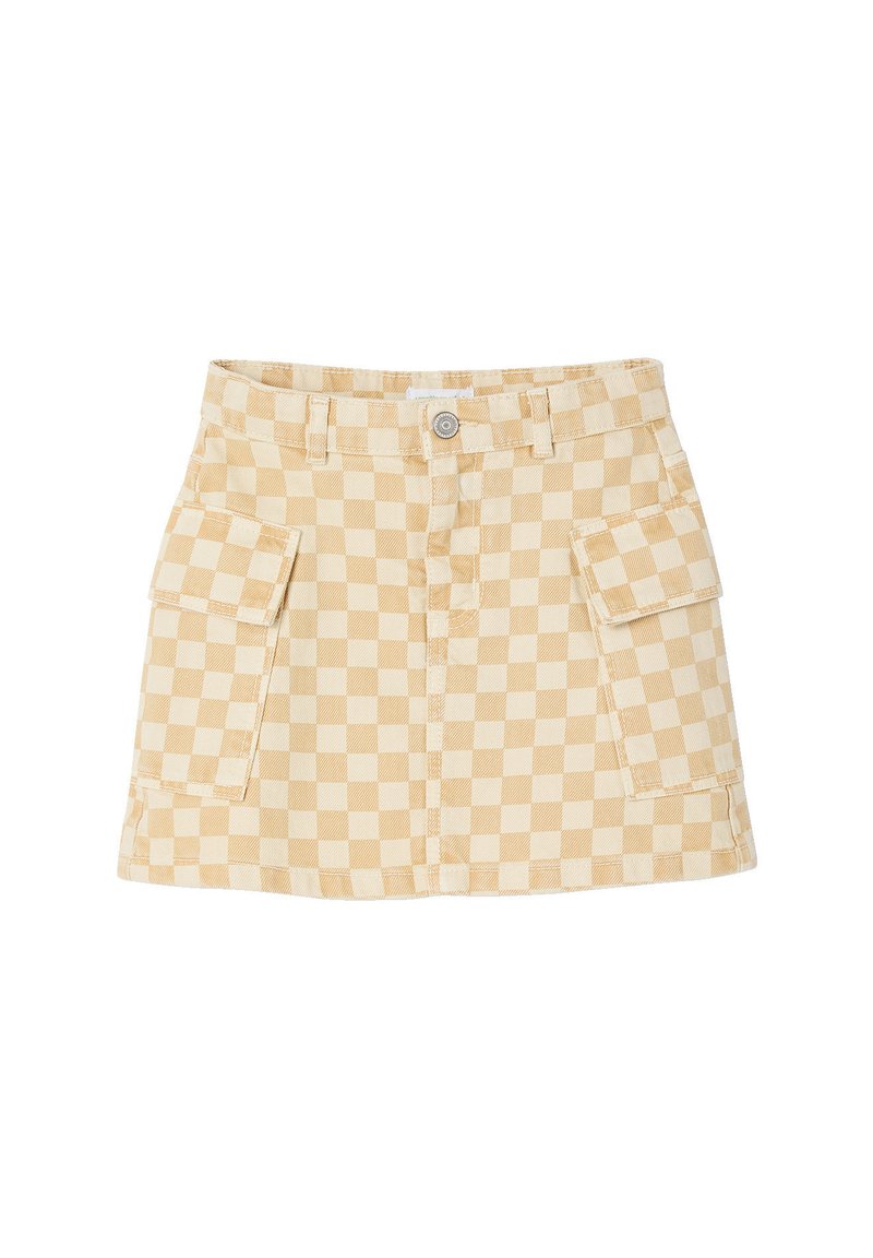 Beige and cream checkered mini skirt with front button, belt loops, and two large side flap pockets.