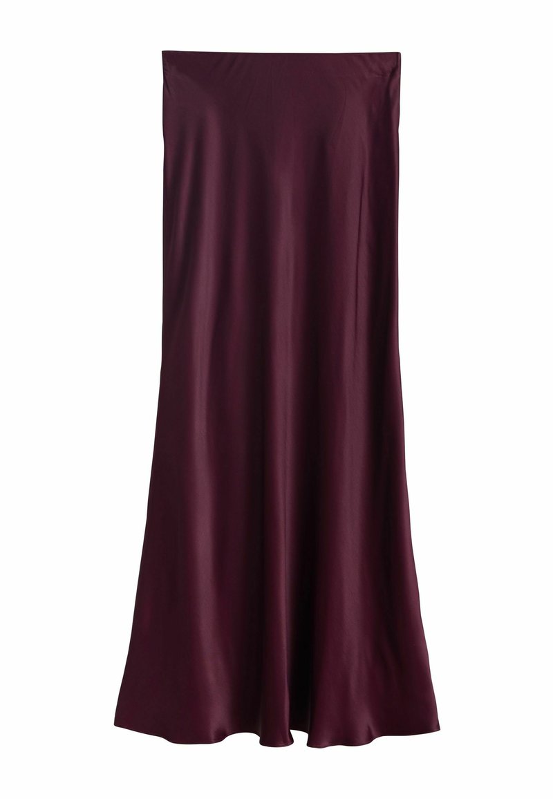 Robe bordeaux longue jusqu'au sol en tissu lisse. Design simple avec une coupe droite, sans motifs ni détails métalliques visibles.