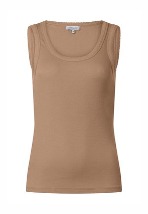 Ärmelloses, geripptes beiges Tanktop mit rundem Ausschnitt, figurbetontem Schnitt und "MORE & MORE" Etikett im Nacken auf der Innenseite.