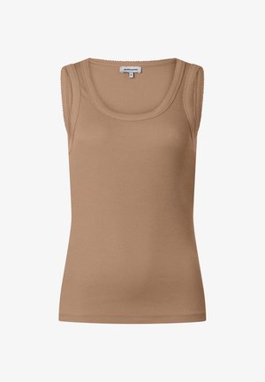 Sleeveless ribbed beige tank top with scoop neckline, fitted cut, and "MORE & MORE" label at the back inside neck.