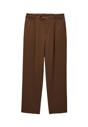 Pantalons marron en tissu lisse, avec une coupe droite, deux poches avant, une fermeture à bouton unique et des plis plats à l'avant.