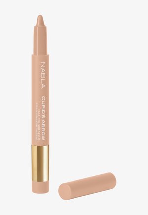 Crayon de maquillage beige nude avec bande dorée, étiqueté Nabla Cupid's Arrow, le capuchon retiré et placé à côté sur fond blanc.
