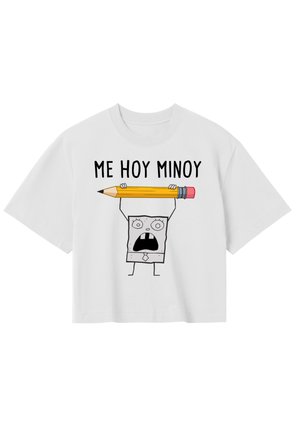 T-shirt bianca corta con un personaggio dei cartoni animati che tiene una matita gialla con gomma rosa. Testo che dice "ME HOY MINOY" in carattere nero.