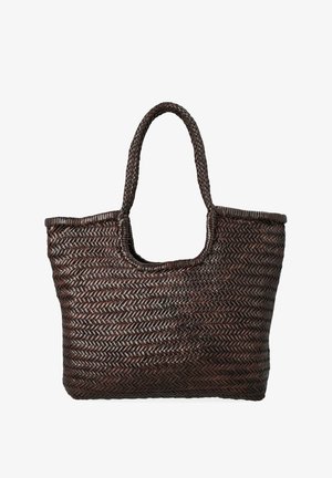 Sac cabas marron tissé avec deux poignées, sommet arrondi et design ouvert. Présente une finition texturée et un motif tissé diagonal sur toute la surface.