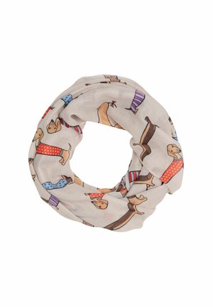 Runder Schal aus leichtem Stoff, mit einem beigen Hintergrund, der bunte Cartoon-Hunde in verschiedenen Outfits und Mustern zeigt.