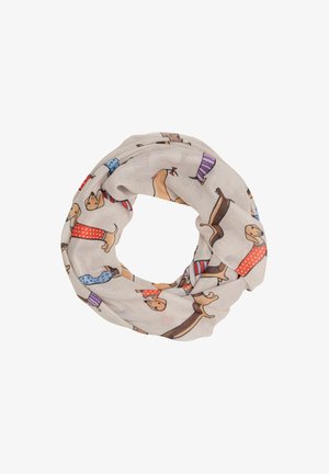 Circular scarf made of lightweight fabric, featuring a beige background with colorful cartoon dogs in various outfits and patterns.