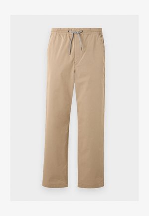 Pantalon décontracté beige pour homme avec ceinture élastique et cordon gris, coupe droite, poches avant et latérales.