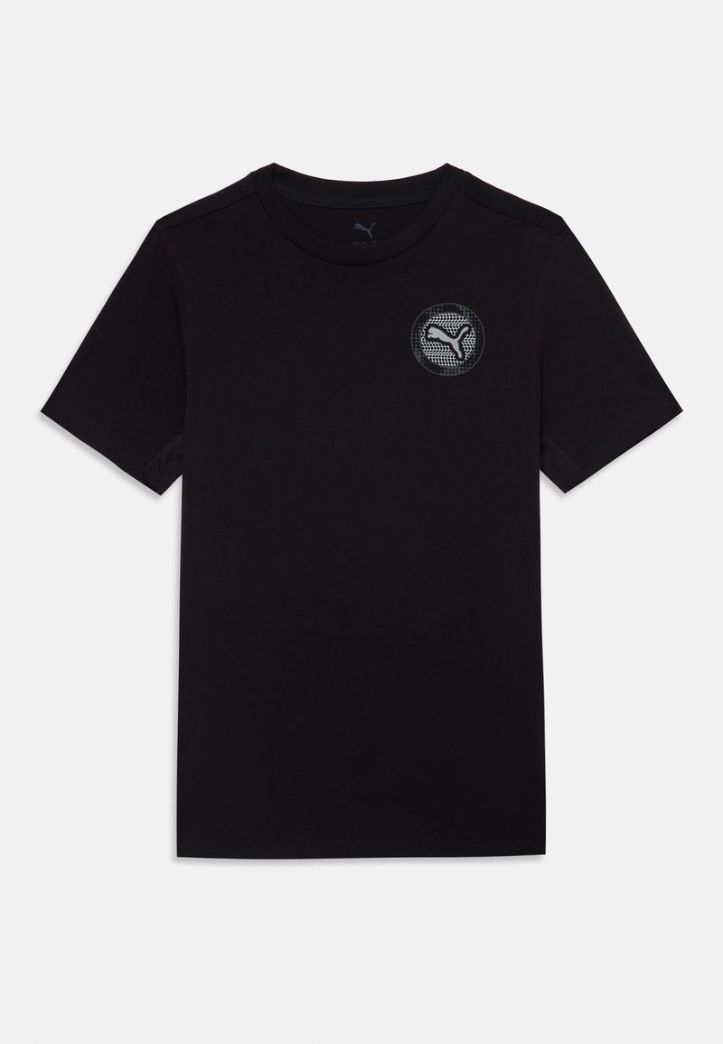 Camiseta de manga corta negra hecha de algodón. Presenta un logo redondo en el pecho con un patrón texturizado y cuello acanalado. Corte casual.