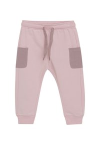 Rosa bomullsjoggare med dragsko i midjan, ribbade ärmslut och två kontrasterande ljusbruna sidofickor. Slät textur, avslappnad design.