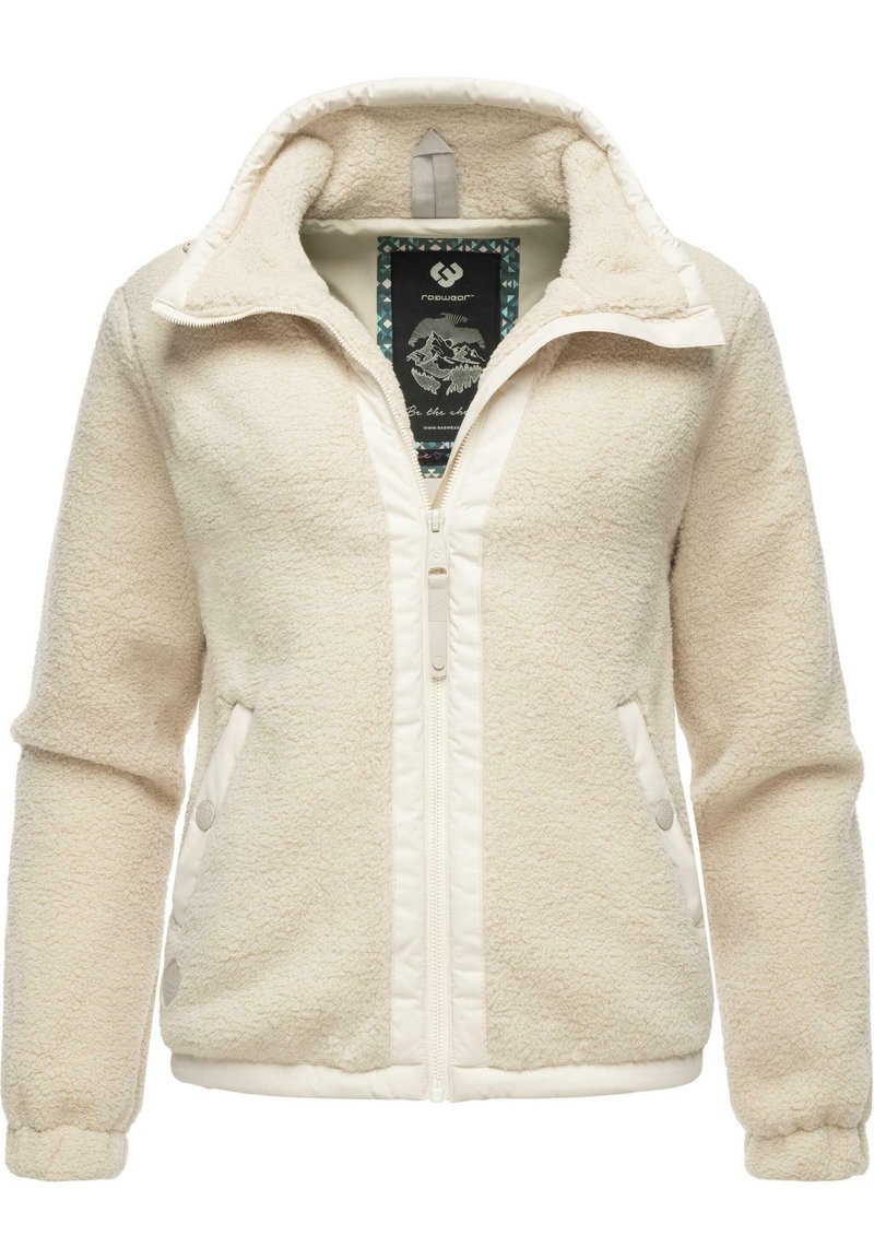 Kreemjas fleece-jope tekstuuriga välispinnaga, tõmblukuga ees, kahe küljetaskuga ja logo sildiga sisepinnal.