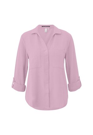 Blusa a maniche lunghe viola chiaro con bottoni sul davanti, due tasche sul petto e maniche arrotolate fissate con automatici.