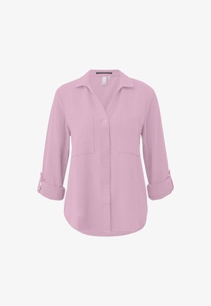 Blusa a maniche lunghe viola chiaro con bottoni sul davanti, due tasche sul petto e maniche arrotolate fissate con automatici.