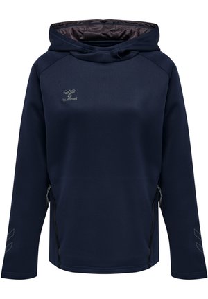 Marineblå hættetrøje med lynlåslomme på siden, logo på brystet og kontrastfarvet inderside. Har lange ærmer og en afslappet pasform.