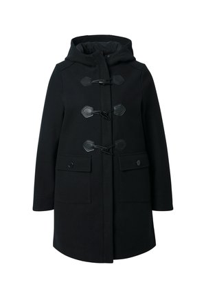 Cappotto di lana nera con cappuccio, dotato di chiusure a pulsante esagonale, due tasche frontali e una superficie liscia. Design classico e sartoriale.