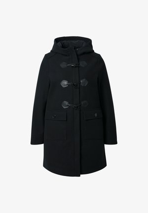 Cappotto di lana nera con cappuccio, dotato di chiusure a pulsante esagonale, due tasche frontali e una superficie liscia. Design classico e sartoriale.