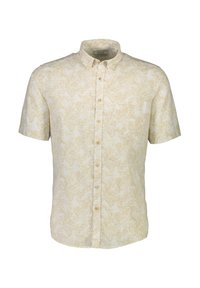 Camicetta a maniche corte con bottoni color crema, caratterizzata da un motivo di foglie giallo chiaro, colletto classico e taschino sul petto. Realizzata in tessuto traspirante.