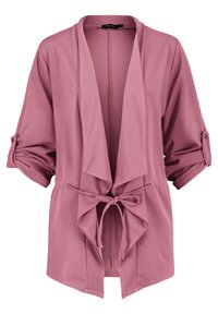 Cardigan léger rose avec un design à nouer devant, devant ouvert et manches retroussées avec des détails de boutons. Texture lisse, sans motifs.