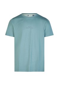 Světle modré tričko s krátkým rukávem a kulatým výstřihem, na přední straně s malým středovým textem "PHIL & CO. WEEKEND COLLECTION".