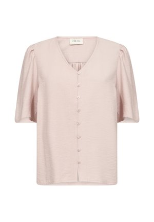 Lyserød kortærmet bluse med V-hals, knaplukning foran og samlet detaljer. Glat tekstur med en afslappet pasform.