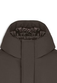 Brun huva jacka med hög krage, med en slät, glänsande innerfoder och en stilren, minimalistisk design. Ingen synlig hårdvara eller stängningar.