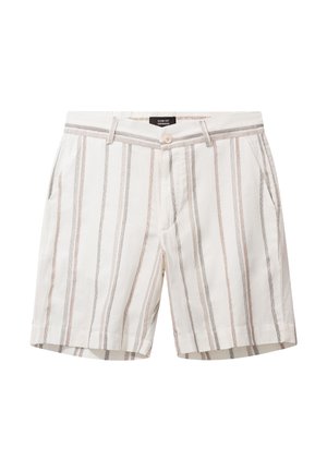 Witte korte broek met verticale beige en bruine strepen, knoopsluiting, ceintuurlussen en zijzakken.