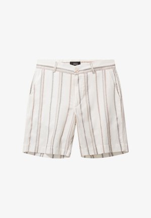 Witte korte broek met verticale beige en bruine strepen, knoopsluiting, ceintuurlussen en zijzakken.