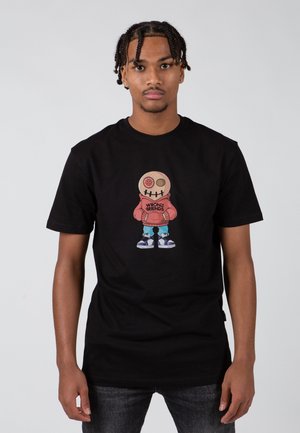 Black cotton t-shirt featuring a colorful graphic of a cartoon figure wearing a red hoodie with "WRONG FRIENDS" text. Round neck and short sleeves.