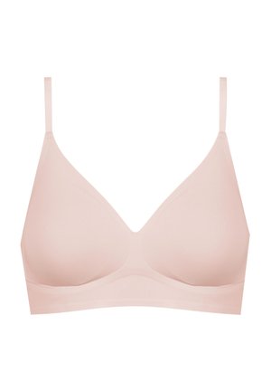 Light pink seamless bra with adjustable thin straps, a soft texture, and triangle-shaped cups, featuring no underwire or padding.