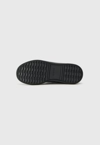 Semelle de chaussure en caoutchouc noir avec un motif texturé comprenant des rainures et de petites indentations circulaires. Logo de la marque "GEOX" visible.