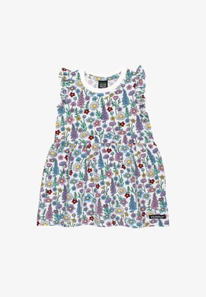 Ärmelloses weißes Kleid mit mehrfarbigem Blumenmuster, gerafften Schultern, tailliert und Villervalla-Markenetikett nahe am Saum.