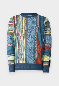 Gehaakte trui met meerkleurige patronen in blauw, rood, geel en groen. Heeft een ronde hals en ribgebreide manchetten en onderrand.