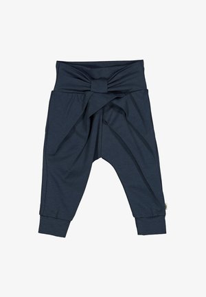 Dunkelblaue, leichte Stoffhosen mit einem gerafften, geknoteten Bund und schmal zulaufenden Beinen. Mit umgeschlagenen Knöcheln für zusätzlichen Komfort.