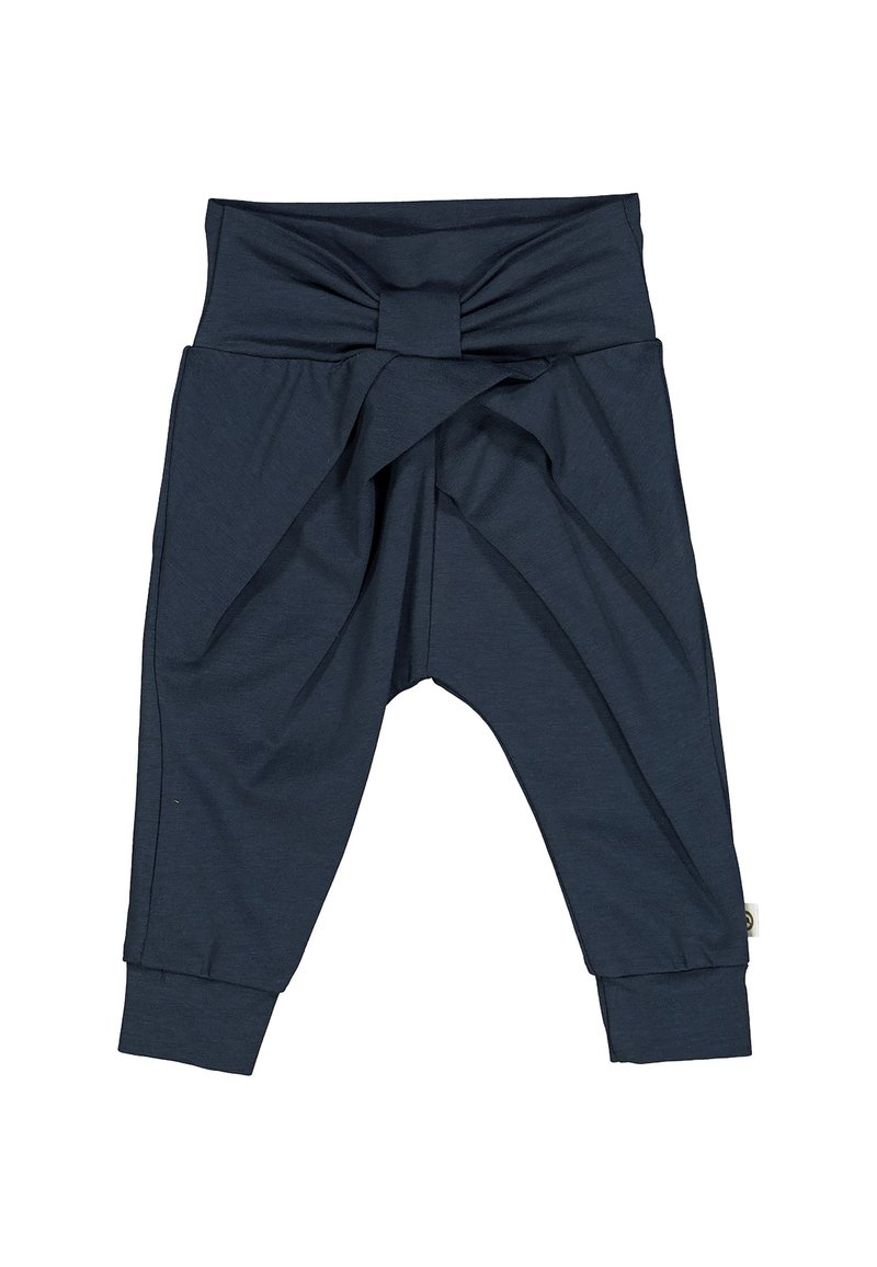 Dunkelblaue, leichte Stoffhosen mit einem gerafften, geknoteten Bund und schmal zulaufenden Beinen. Mit umgeschlagenen Knöcheln für zusätzlichen Komfort.