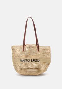 Geweven stro grote tas met bruin leren handvatten, met zwarte letters "VANESSA BRUNO" op een opvallende band. Lichtgewicht en ruime ontwerp.