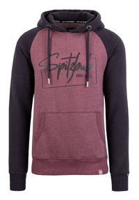 Bordeauxrotes und dunkelblaues Hoodie mit einer Vordertasche, Kordelzügen und einem Logo-Druck. Verfügt über ein Raglan-Design und gerippte Bündchen.