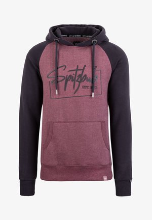Maroon and dark navy hoodie with a front pocket, drawstrings, and a logo print. Features a raglan design and ribbed cuffs.