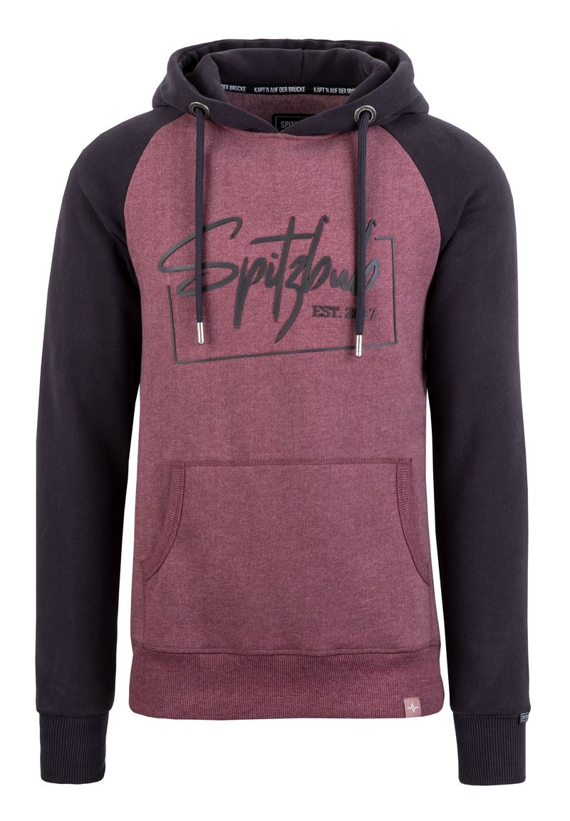 Bordeauxrotes und dunkelblaues Hoodie mit einer Vordertasche, Kordelzügen und einem Logo-Druck. Verfügt über ein Raglan-Design und gerippte Bündchen.
