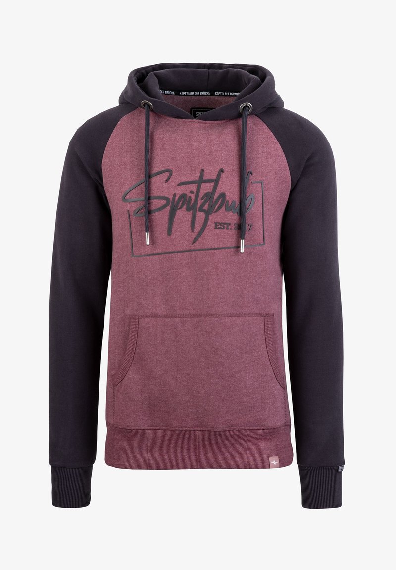 Bordeauxrotes und dunkelblaues Hoodie mit einer Vordertasche, Kordelzügen und einem Logo-Druck. Verfügt über ein Raglan-Design und gerippte Bündchen.