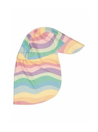 Värikäs, aaltoilevalla kuviolla varustettu hattu, jossa on pastellivärit, leveä lippapanta ja kerätty elastinen osa pohjassa istuvuuden ja mukavuuden takaamiseksi.