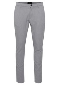 Grå slim-fit byxor tillverkade av texturerat tyg, med knappstängning fram och bältesöglor, rakt bendesign och utan synliga fickor.