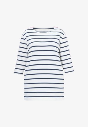 Hvid langærmet skjorte med marineblå vandrette striber og rund halsudskæring, vist på en ensfarvet hvid baggrund.