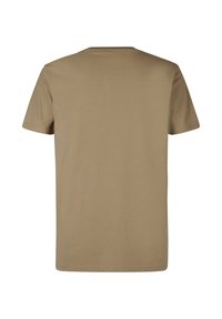 Brun kortærmet t-shirt lavet af blødt bomuldsstof. Har rund halsudskæring og almindelig pasform med en glat tekstur og ingen yderligere mønstre eller detaljer.