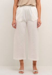 Pantalons larges blancs avec taille élastique, texture lisse et poches latérales, associés à des sandales à talons de couleur claire.