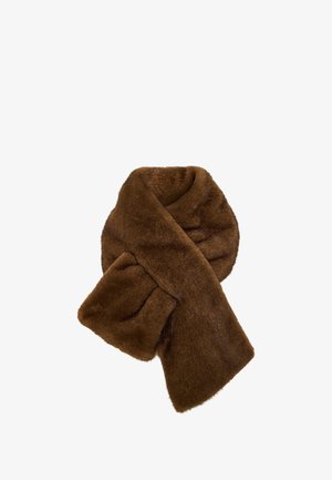 Bruine nepfuursjaal met een zachte textuur, met een gedrapeerd ontwerp en een soepele afwerking. Gebogen uiteinden creëren een vloeiende vorm.