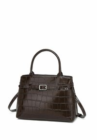 Geantă de mână din piele ecologică, de culoare maro închis, cu un model croc embosat, formă structurată, două mânere superioare, curea pentru umăr detașabilă și un accent metalic sub formă de cataramă.