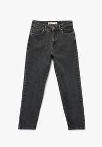 Jeans in denim nero con un design classico a gamba dritta, caratterizzati da una vita a media altezza, tasche frontali e una piccola etichetta all'interno della vita.