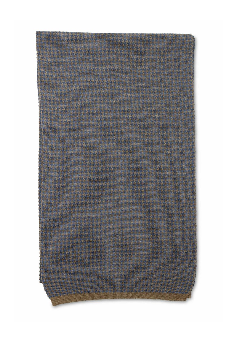 Tissu tissé à carreaux bleus et marron, de forme rectangulaire, surface texturée, avec une finition douce et des bords ourlés. Dimensions non spécifiées.