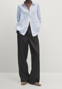 Camicia a maniche lunghe a righe azzurre e bianche con colletto, abbinata a pantaloni neri a gamba larga e scarpe slip-on color cuoio.