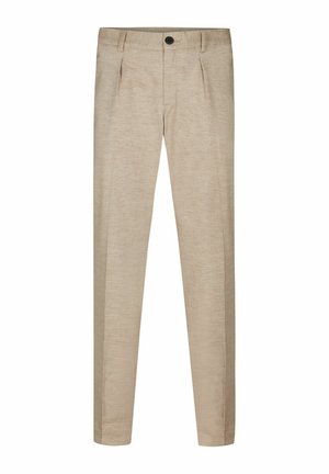 Pantaloni beige su misura con texture liscia, caratterizzati da pieghe frontali e chiusura con bottone standard, design strutturato con gambe affusolate.